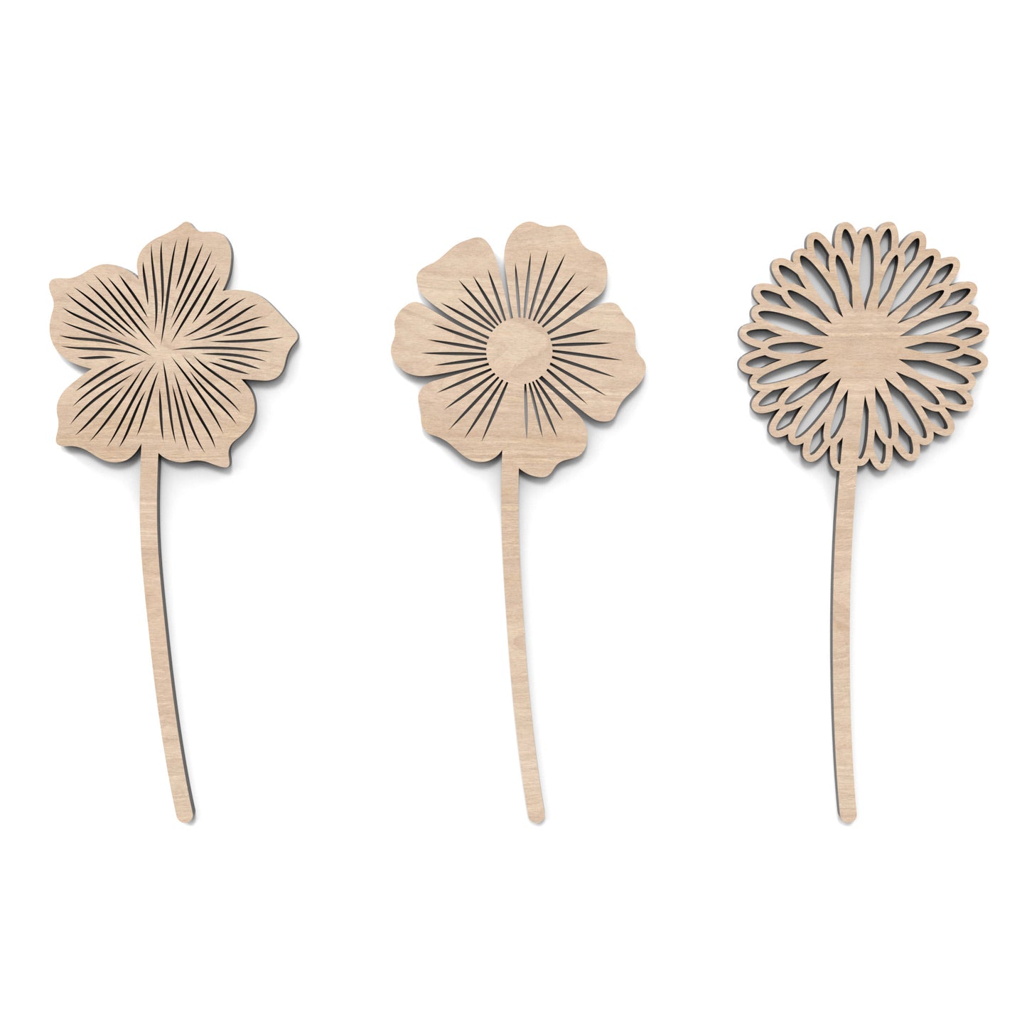 Set of 3 Wooden Flowers made from our laser cutting files and available for digital download. Each flower represents the birth flower for a specific month.