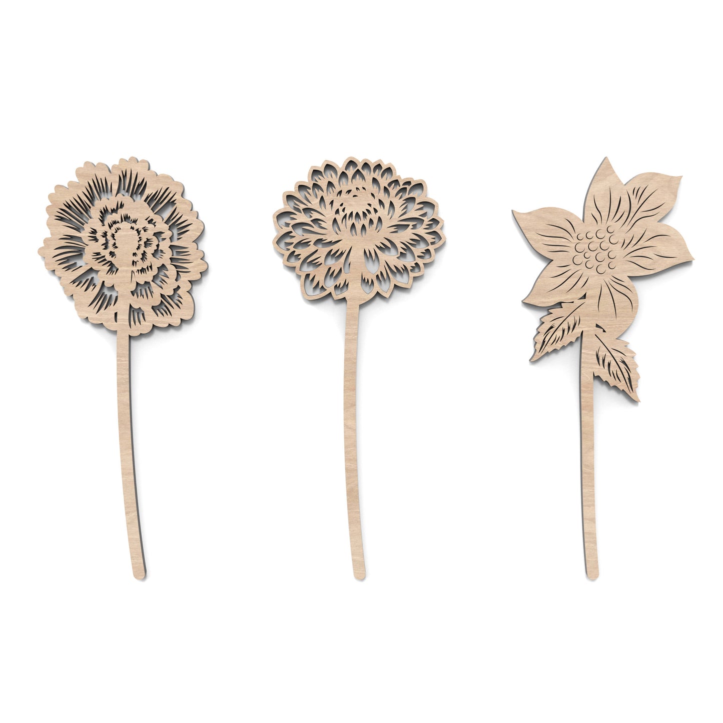 Set of 3 Wooden Flowers made from our laser cutting files and available for digital download. Each flower represents the birth flower for a specific month.