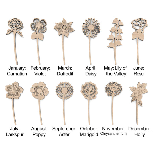 Set of 12 Birth Month Flowers made from our laser cutting files and available for digital download. Each flower represents the birth flower for a specific month.