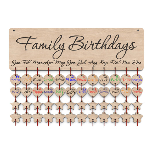 A Family Birthday Board Calendar made from our laser cutting files and available for digital download. Easily keep track of family birthdays and special occasions by adding personalized reminder tags below each month.