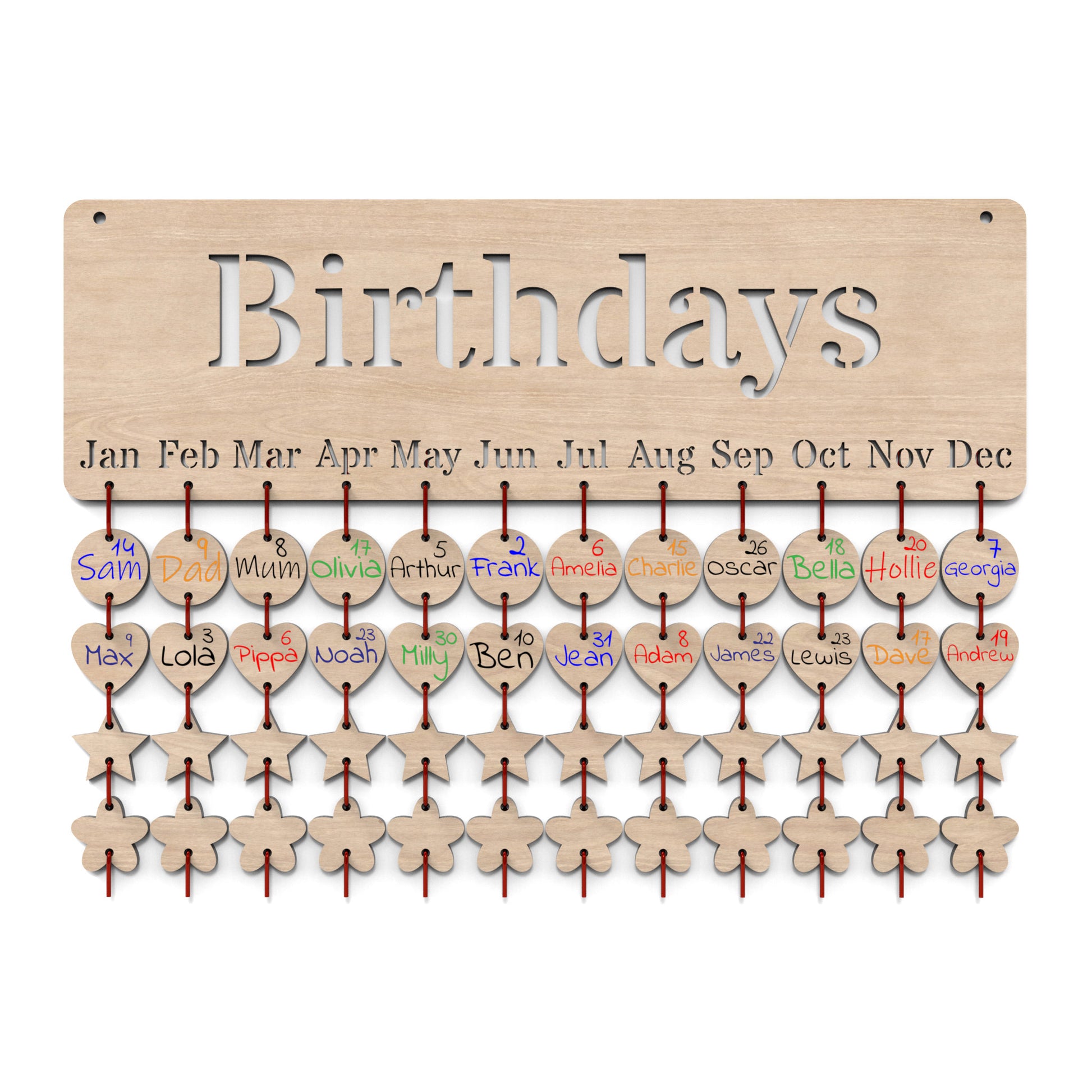 A Birthday Board Calendar made from our laser cutting files and available for digital download. Easily keep track of family birthdays and special occasions by adding personalized reminder tags below each month.