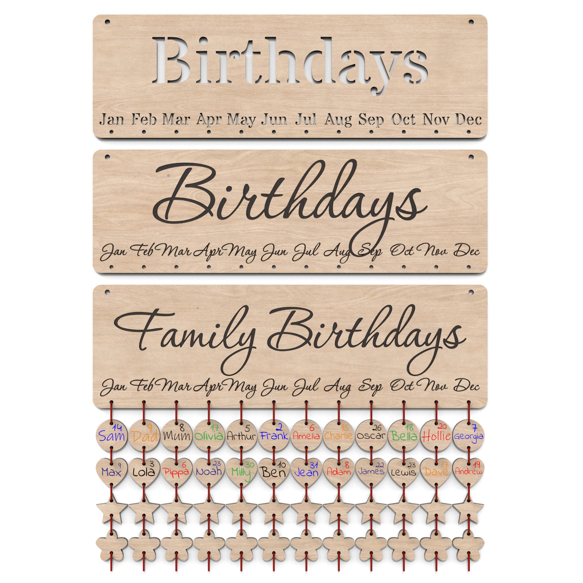Set of 3 Family Birthday Board Calendars made from our laser cutting files and available for digital download. Easily keep track of family birthdays and special occasions by adding personalized reminder tags below each month.