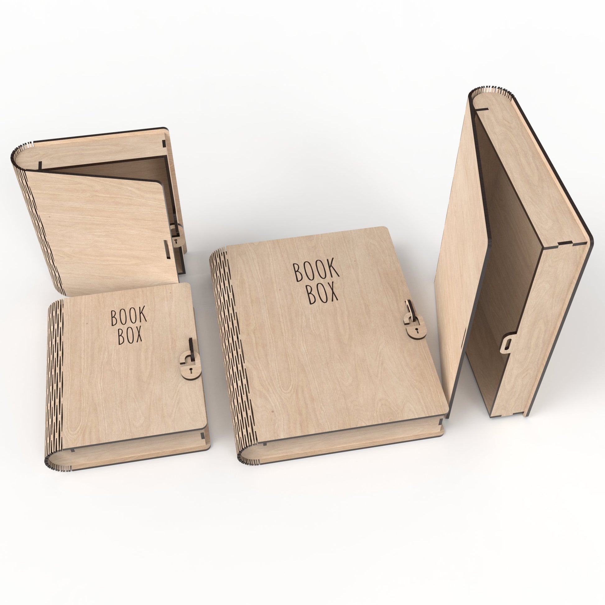 4 wooden book boxes made from our laser cutting files and available for digital download. Designed for organizing and storing A5 and A4 paperwork and items.