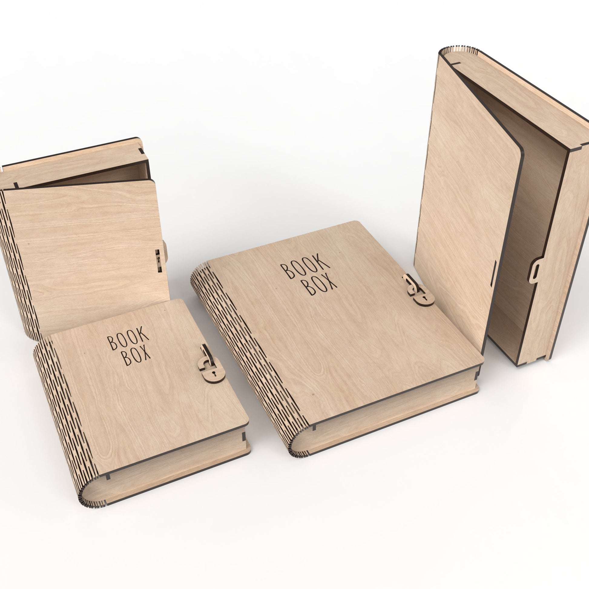 Set of 4 book boxes made from our laser cutting files and available for digital download. Wooden book boxes designed for organizing and storing A5 and A4 paperwork and items.