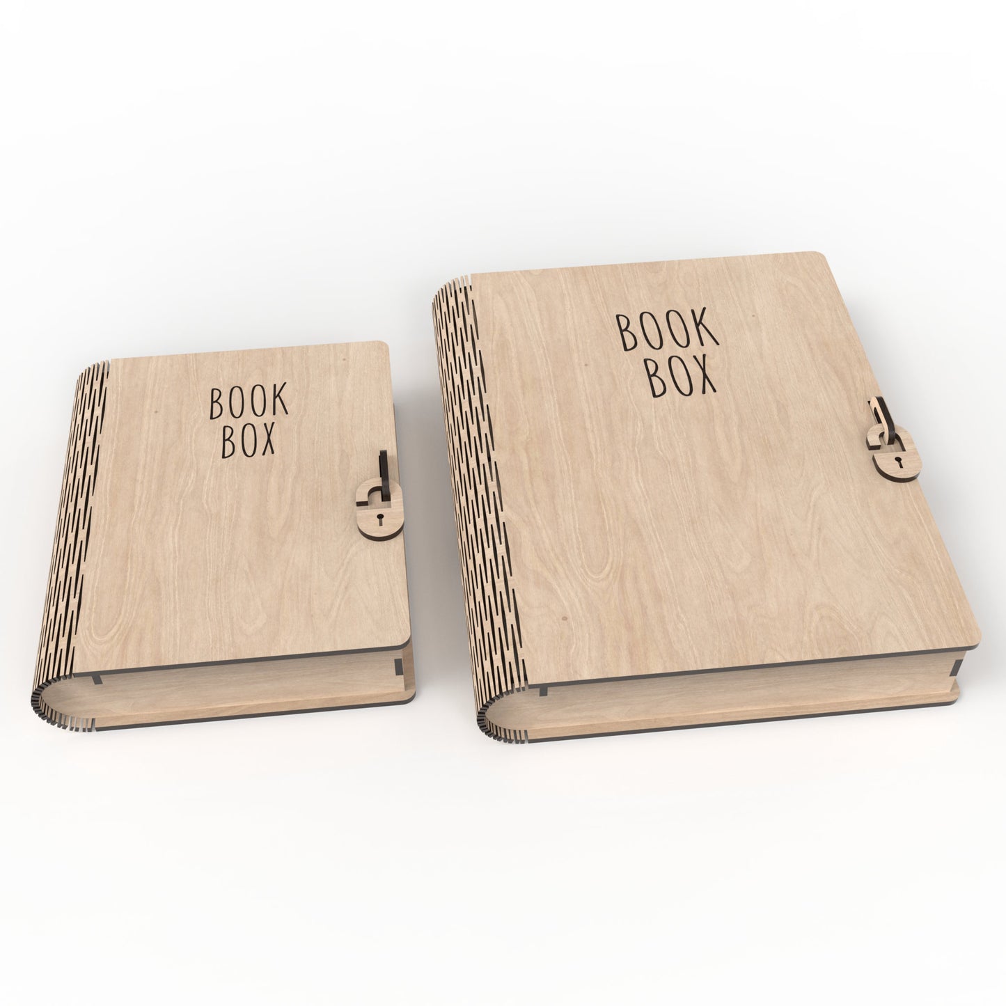 2 wooden book boxes made from our laser cutting files and available for digital download. Designed for organizing and storing A5 and A4 paperwork and items.