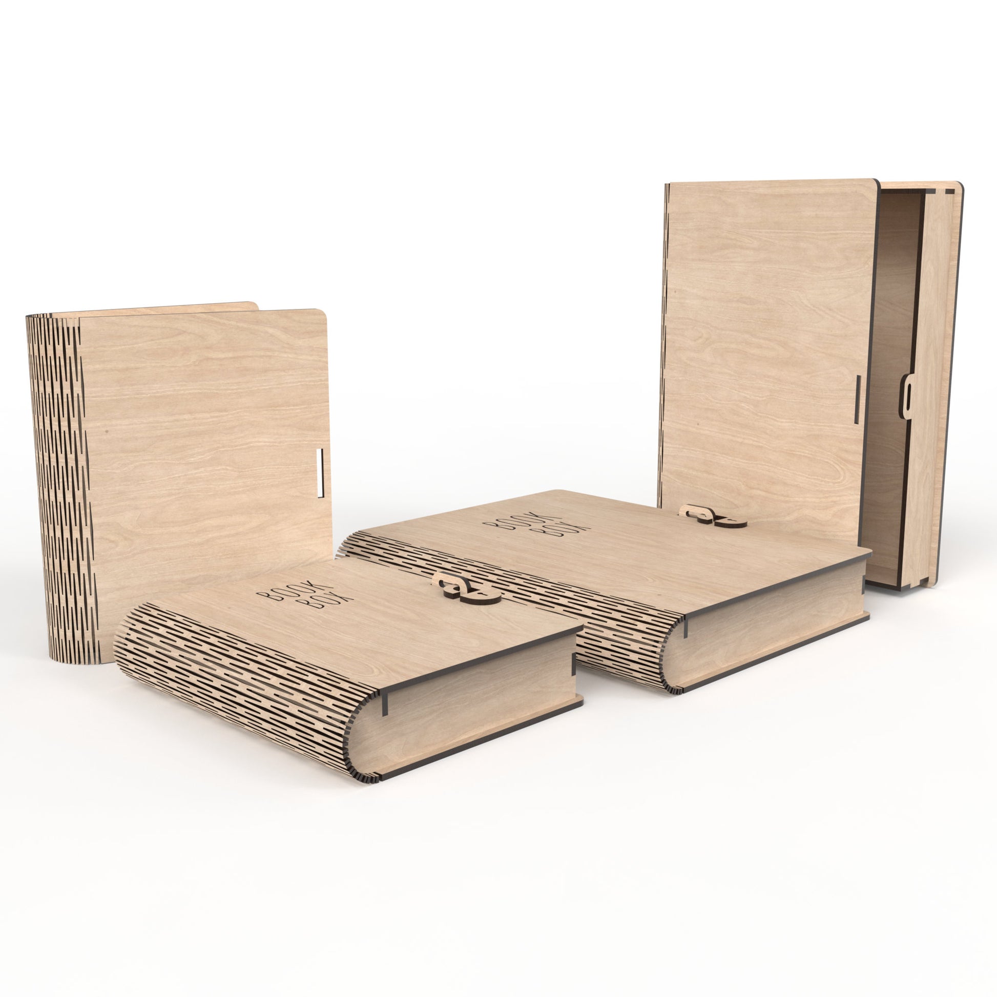 4 wooden book boxes made from our laser cutting files and available for digital download. Designed for organizing and storing A5 and A4 paperwork and items.