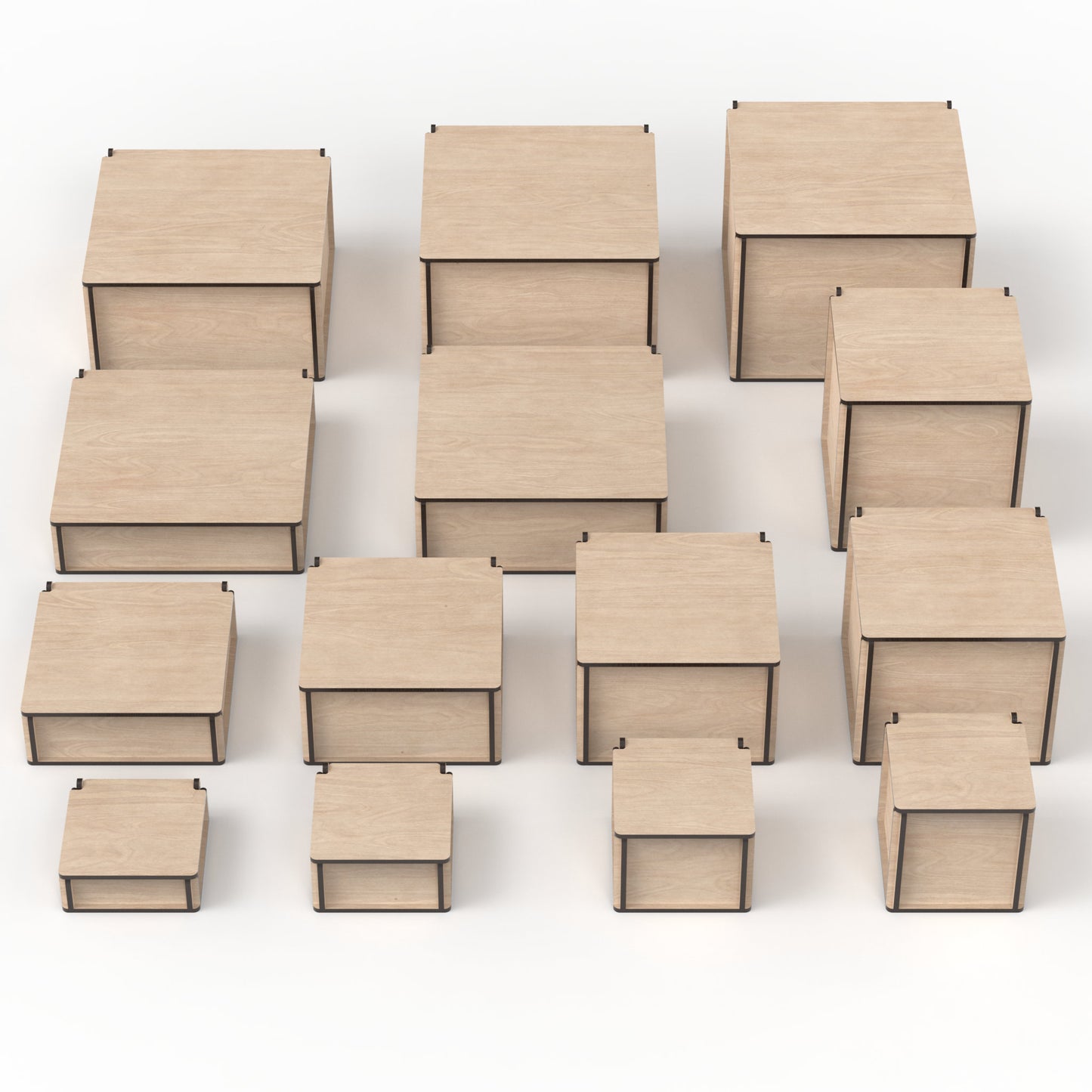 Set of 14 square boxes with flip top lids made from our laser cutting files and available for digital download. Sizes range from 10cm to 20cm square and from 3.5cm to 15cm high. Perfect for stash boxes, dice boxes, memory and keepsake boxes, photo boxes, Christmas gift boxes, and more.