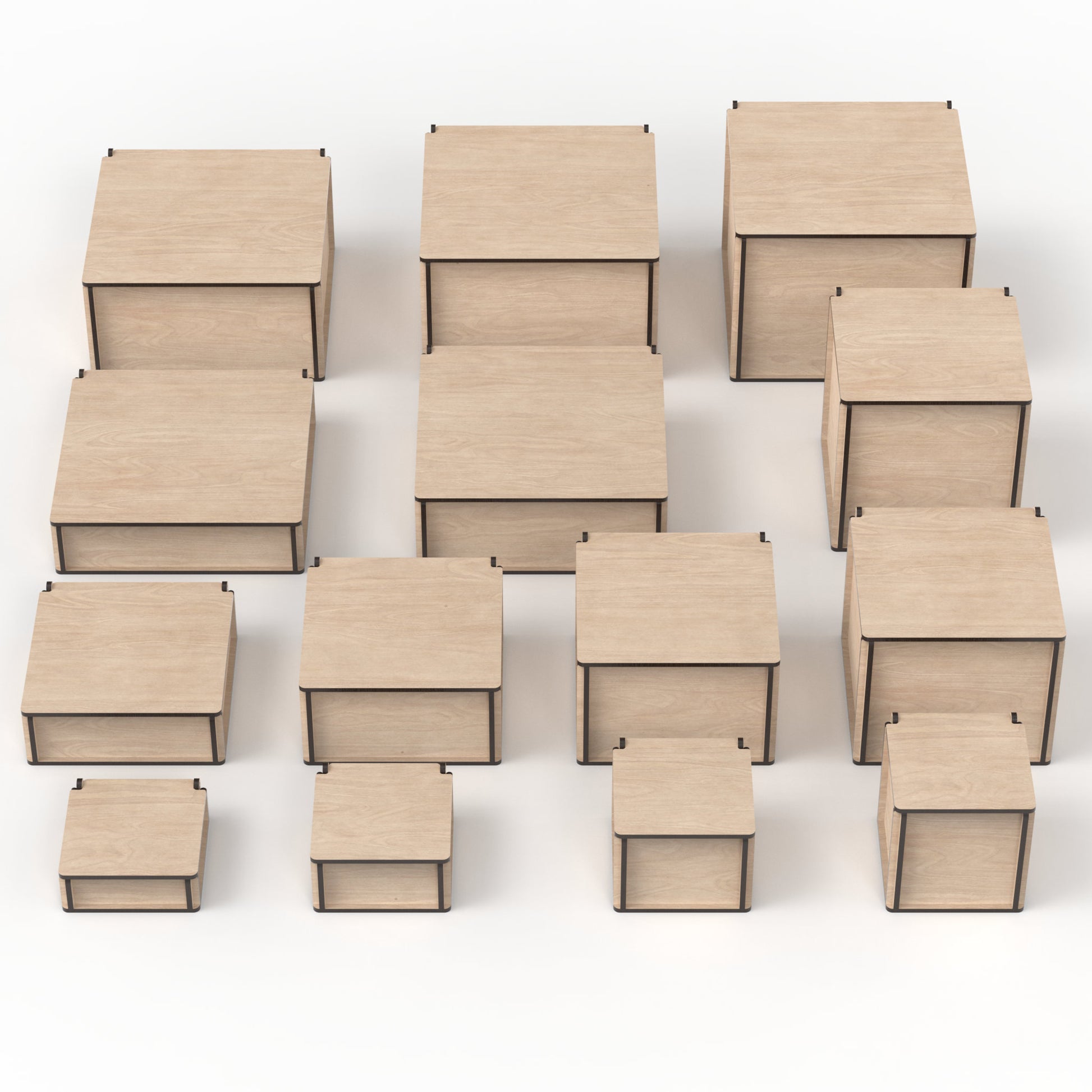 Set of 14 square boxes with flip top lids made from our laser cutting files and available for digital download. Sizes range from 10cm to 20cm square and from 3.5cm to 15cm high. Perfect for stash boxes, dice boxes, memory and keepsake boxes, photo boxes, Christmas gift boxes, and more.