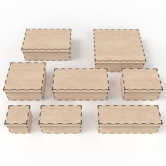 Set of 8 boxes with lids made from our laser cutting files and available for digital download. Sizes range from 10cm x 10cm to 30cm x 30cm, all 10cm deep. Ideal for Christmas Eve boxes, memory boxes, keepsake boxes, photo boxes, stash boxes, and more.