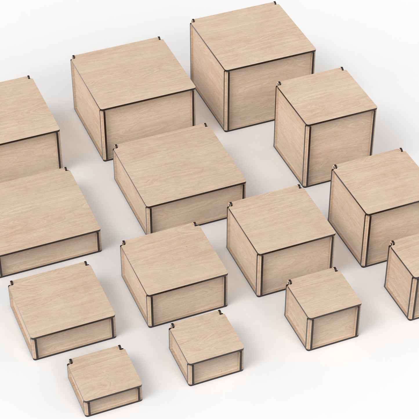 Set of 14 square boxes with flip top lids made from our laser cutting files and available for digital download. Sizes range from 10cm to 20cm square and from 3.5cm to 15cm high. Perfect for stash boxes, dice boxes, memory and keepsake boxes, photo boxes, Christmas gift boxes, and more.