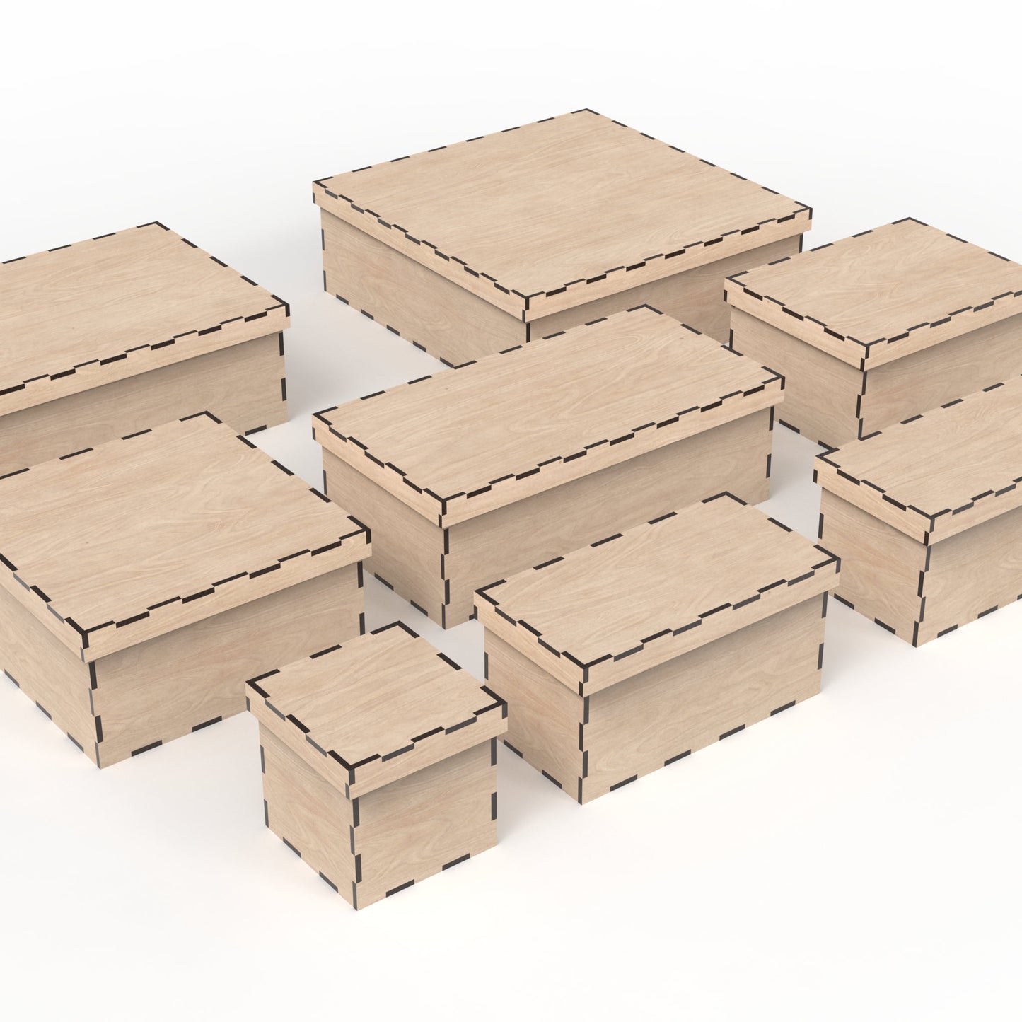 Set of 8 boxes with lids made from our laser cutting files and available for digital download. Sizes range from 10cm x 10cm to 30cm x 30cm, all 10cm deep. Ideal for Christmas Eve boxes, memory boxes, keepsake boxes, photo boxes, stash boxes, and more.