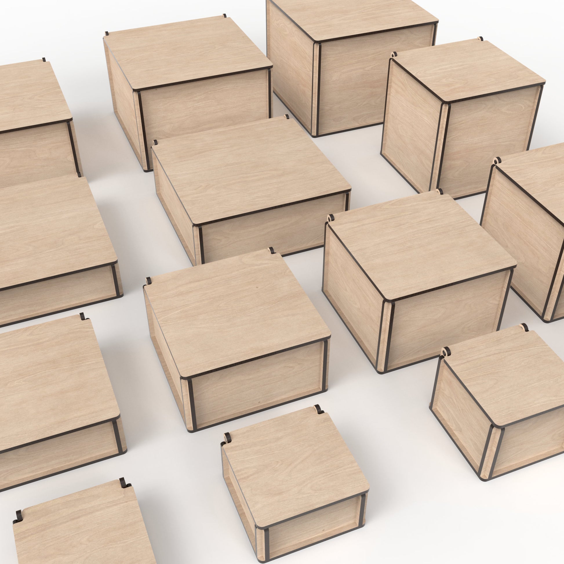 Set of 14 square boxes with flip top lids made from our laser cutting files and available for digital download. Sizes range from 10cm to 20cm square and from 3.5cm to 15cm high. Perfect for stash boxes, dice boxes, memory and keepsake boxes, photo boxes, Christmas gift boxes, and more.