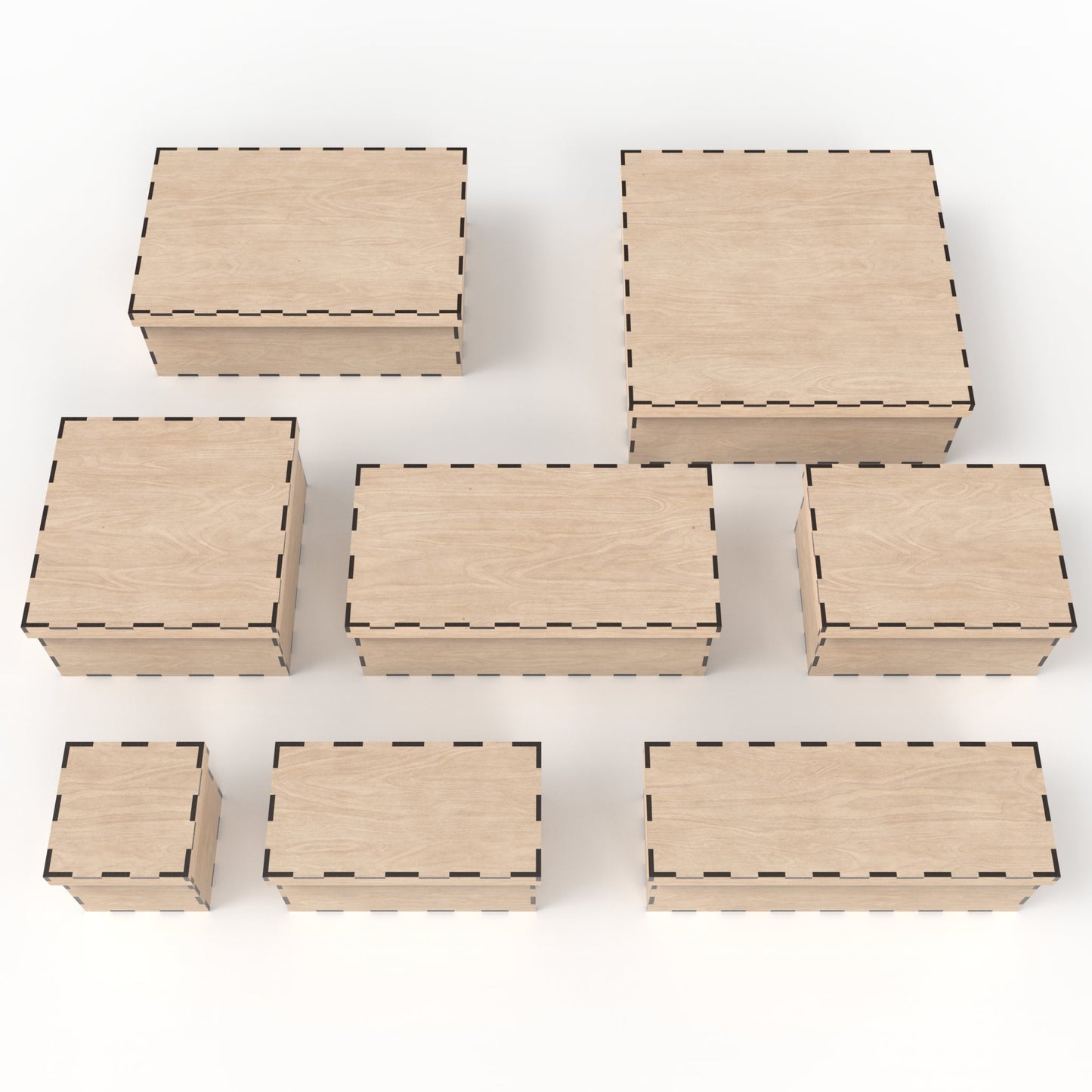 Set of 8 boxes with lids made from our laser cutting files and available for digital download. Sizes range from 10cm x 10cm to 30cm x 30cm, all 10cm deep. Ideal for Christmas Eve boxes, memory boxes, keepsake boxes, photo boxes, stash boxes, and more.