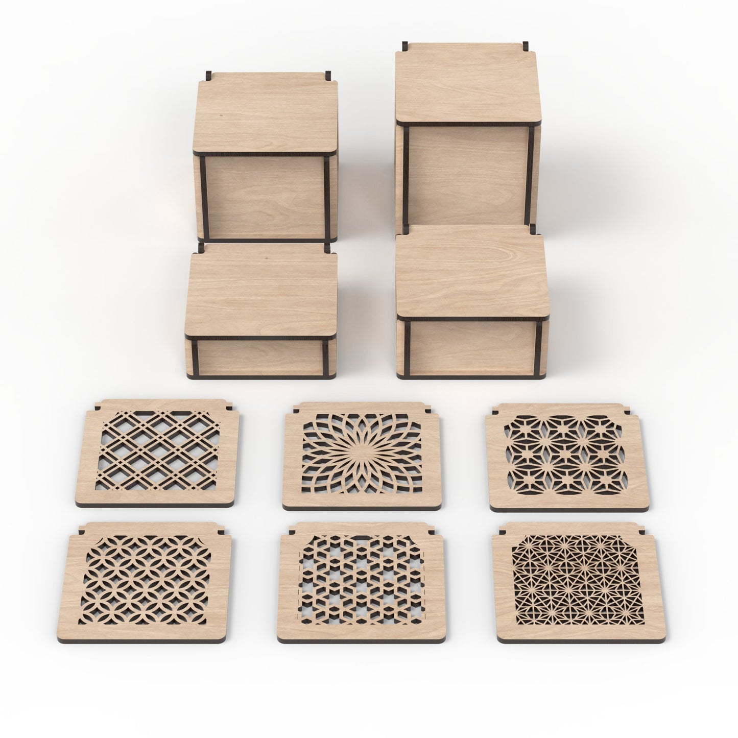 Set of 4 square boxes with flip top lids made from our laser cutting files and available for digital download. Size 10cm square and from 3.5cm to 10cm high. Perfect for stash boxes, dice boxes, memory and keepsake boxes, photo boxes, Christmas gift boxes, and more.