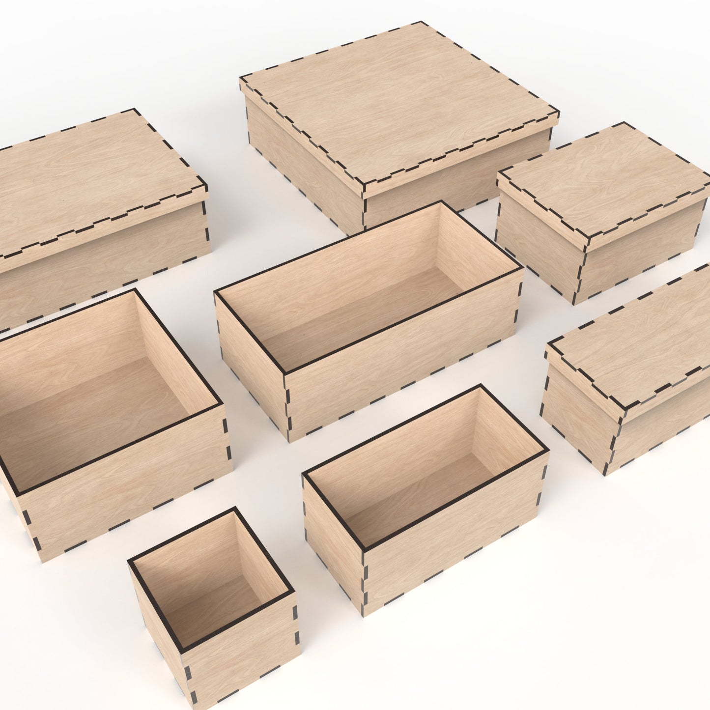 Set of 8 boxes with lids made from our laser cutting files and available for digital download. Sizes range from 10cm x 10cm to 30cm x 30cm, all 10cm deep. Ideal for Christmas Eve boxes, memory boxes, keepsake boxes, photo boxes, stash boxes, and more.