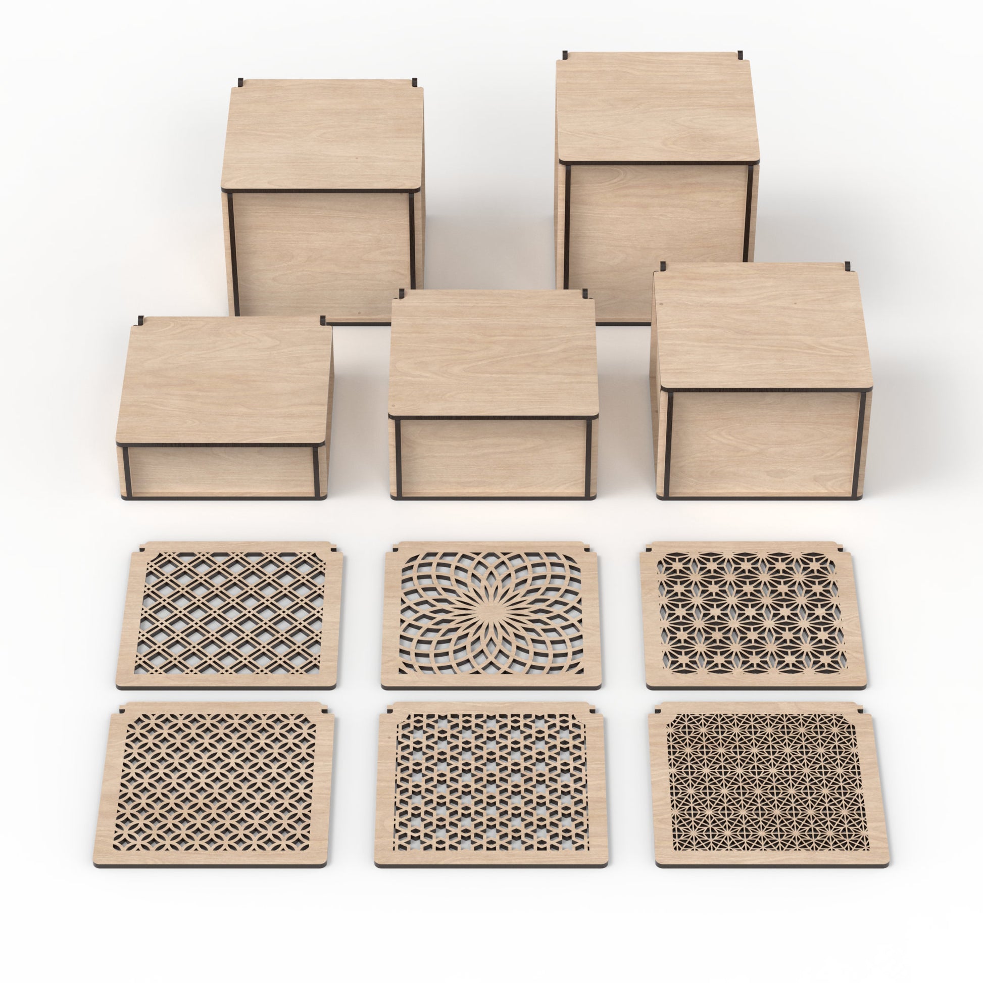 Set of 5 square boxes with flip top lids made from our laser cutting files and available for digital download. Size 15cm square and from 5cm to 15cm high. Perfect for stash boxes, dice boxes, memory and keepsake boxes, photo boxes, Christmas gift boxes, and more.