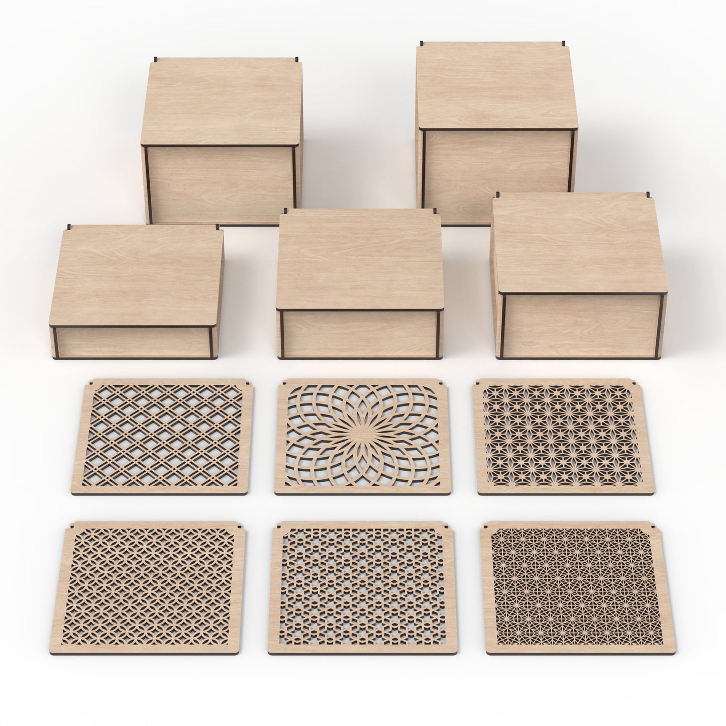 Set of 5 square boxes with flip top lids made from our laser cutting files and available for digital download. Size 20cm square and from 5cm to 15cm high. Perfect for stash boxes, dice boxes, memory and keepsake boxes, photo boxes, Christmas gift boxes, and more.