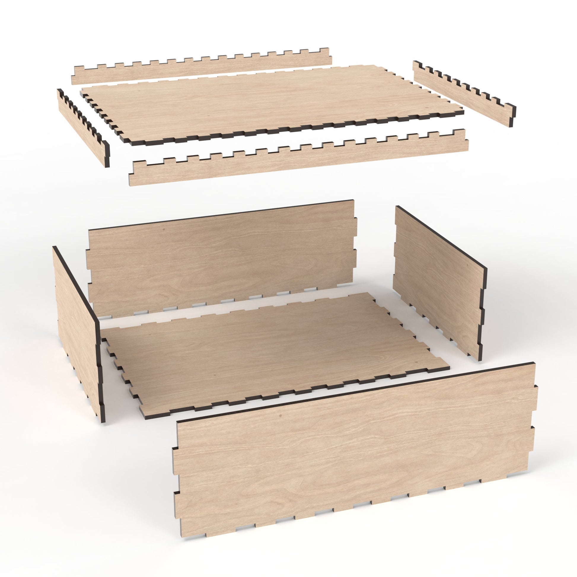 An exploded view of our wooden box with lid made from our laser cutting files and available for digital download. Ideal for Christmas Eve boxes, memory boxes, keepsake boxes, photo boxes, stash boxes, and more.