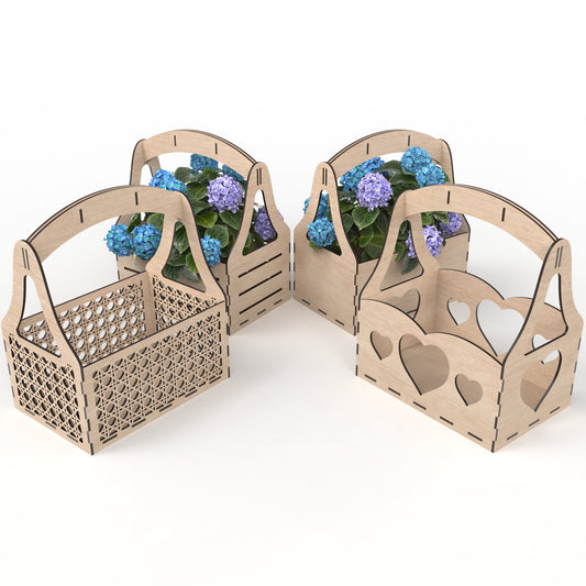 Set of 4 flower baskets / storage baskets made from our laser cutting files and available for digital download. Ideal for wedding flower baskets, indoor plant stands, Father's Day beer carrier crates and more.