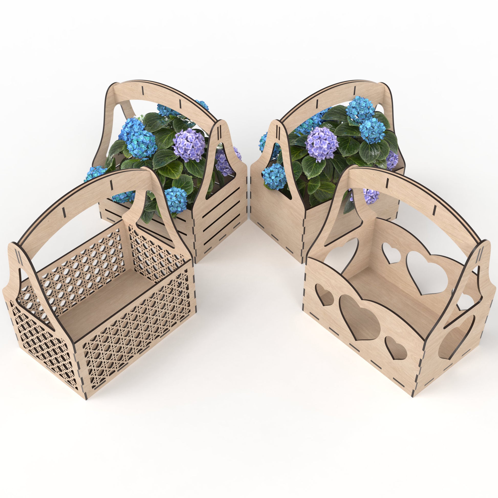 Set of 4 flower baskets / storage baskets made from our laser cutting files and available for digital download. Ideal for wedding flower baskets, indoor plant stands, Father's Day beer carrier crates and more.