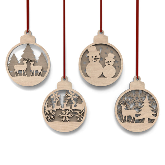 Set of 8 Christmas tree bauble decorations made from our laser cutting files and available for digital download. Features 4 distinct front designs and 4 back designs, allowing for 16 layered combinations or 8 unique individual ornaments.