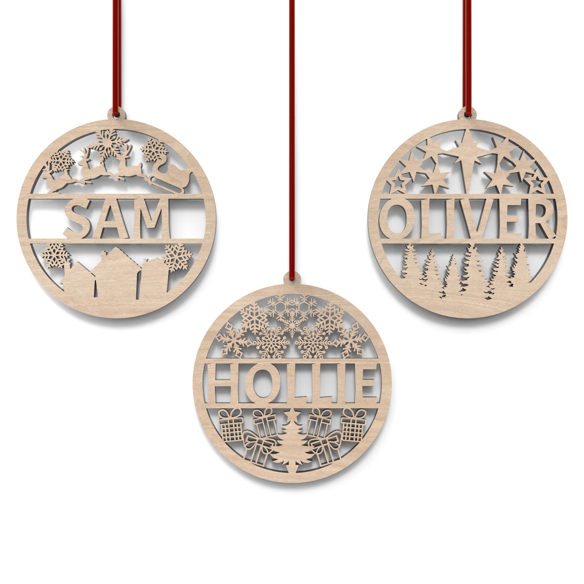 Set of 3 personalized Christmas bauble ornaments made from our laser cutting files and available for digital download. Includes 3 detailed baubles with a hollow middle section for names to be cut out.