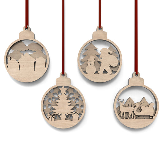 Set of 8 Christmas tree bauble decorations made from laser cutting files, available for digital download. Features 4 distinct front designs and 4 back designs, allowing for 16 layered combinations or 8 unique individual ornaments.