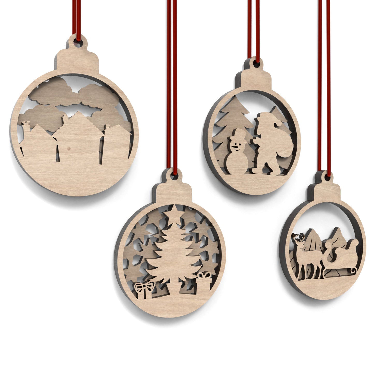 Set of 8 Christmas tree bauble decorations made from laser cutting files, available for digital download. Features 4 distinct front designs and 4 back designs, allowing for 16 layered combinations or 8 unique individual ornaments.