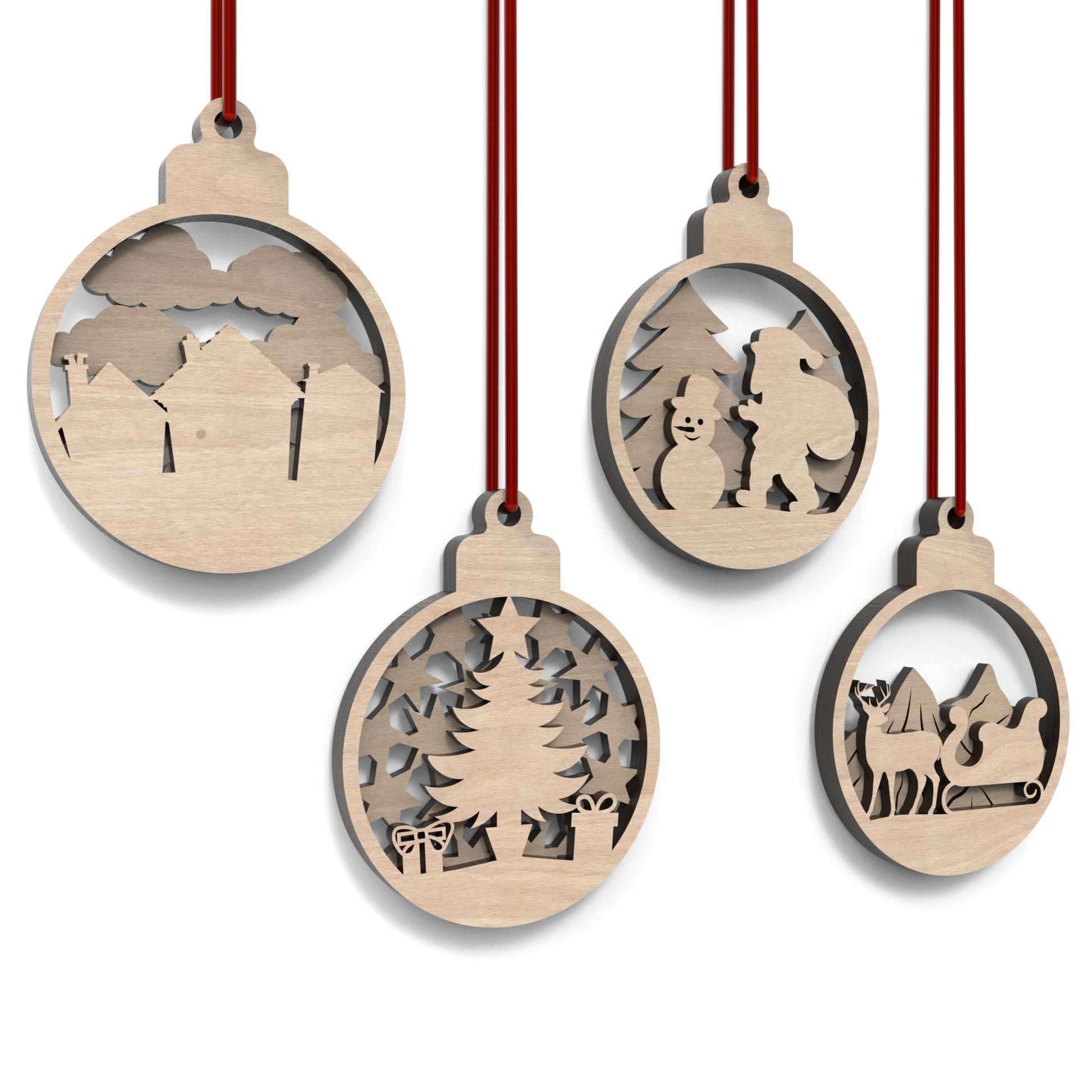 Set of 8 Christmas tree bauble decorations made from laser cutting files, available for digital download. Features 4 distinct front designs and 4 back designs, allowing for 16 layered combinations or 8 unique individual ornaments.