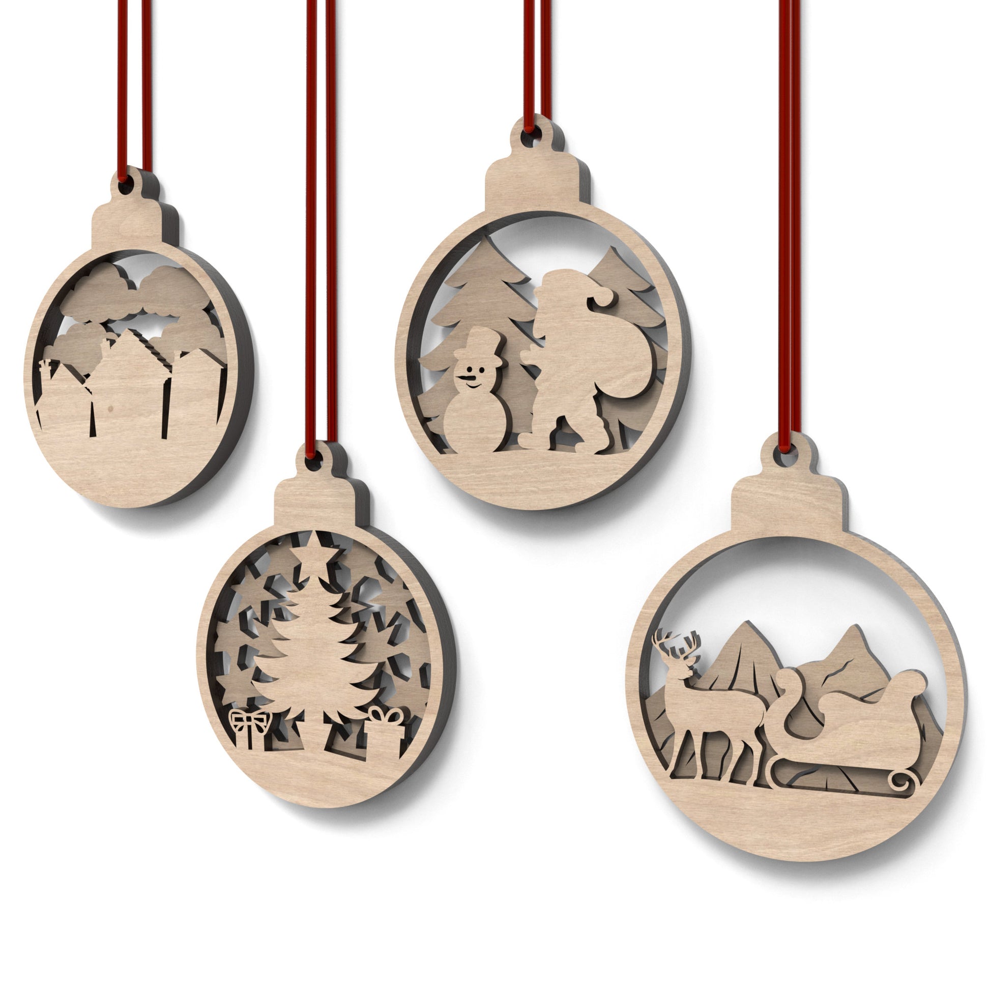 Set of 8 Christmas tree bauble decorations made from laser cutting files, available for digital download. Features 4 distinct front designs and 4 back designs, allowing for 16 layered combinations or 8 unique individual ornaments.