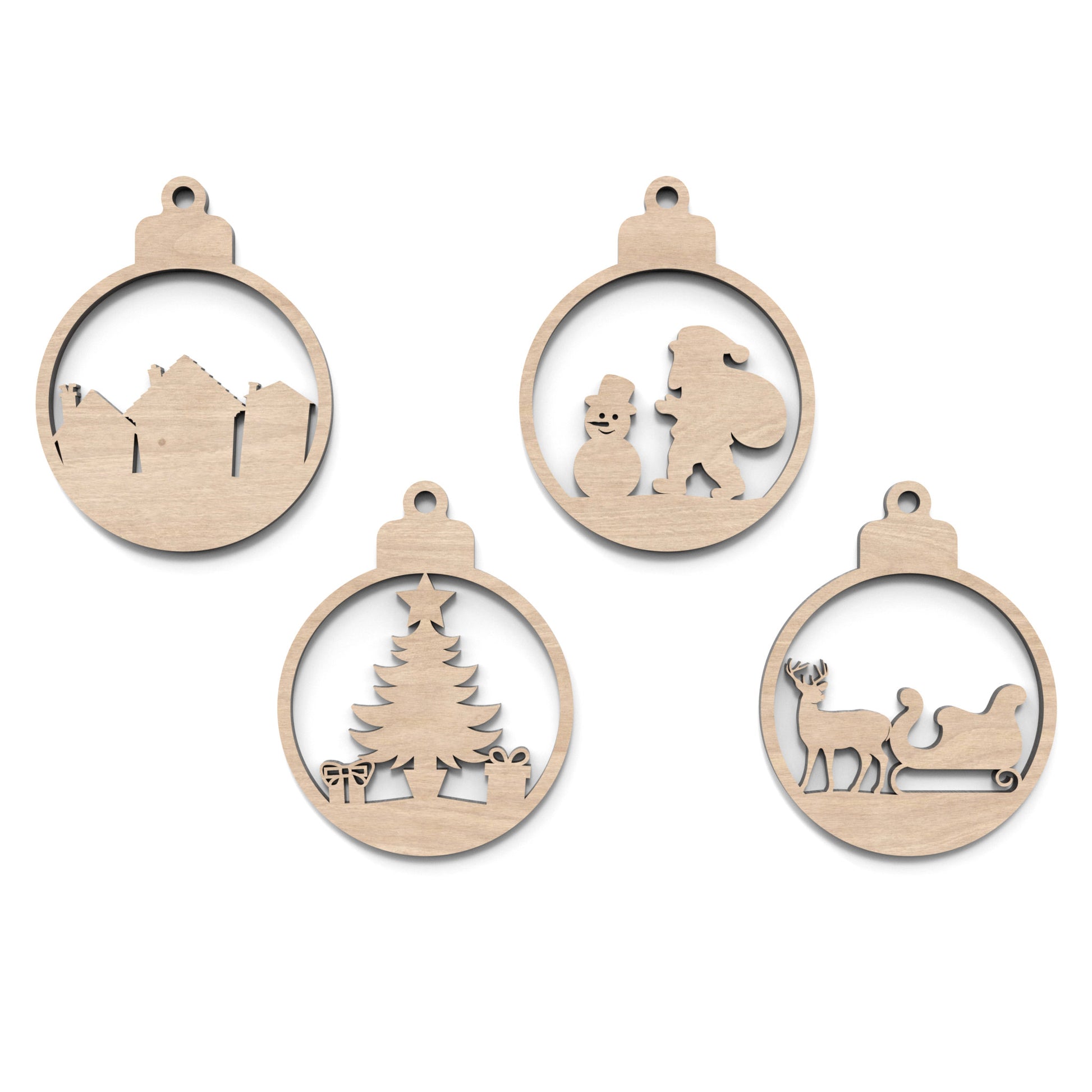Set of 4 Christmas tree bauble decorations made from laser cutting files, available for digital download. Features 4 distinct front designs and 4 back designs, allowing for 16 layered combinations or 8 unique individual ornaments.