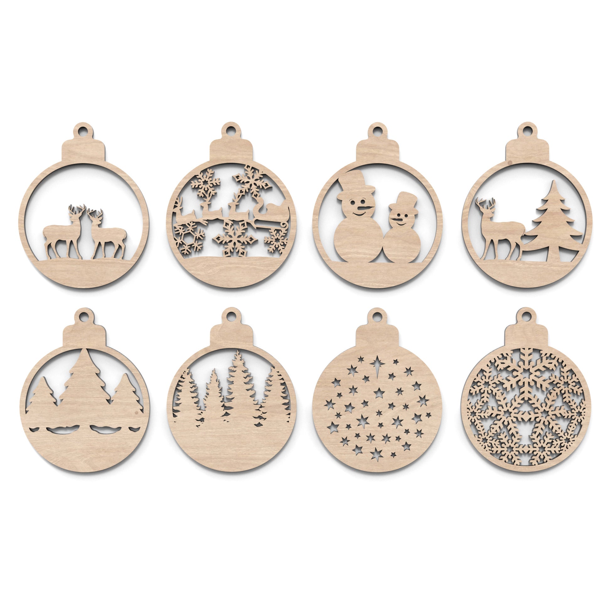 Set of 8 Christmas tree bauble decorations made from our laser cutting files and available for digital download. Features 4 distinct front designs and 4 back designs, allowing for 16 layered combinations or 8 unique individual ornaments.