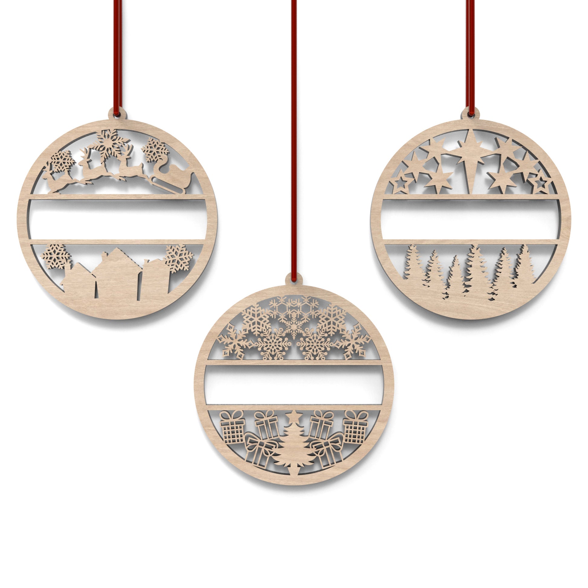 Set of 3 personalized Christmas bauble ornaments made from our laser cutting files and available for digital download. Includes 3 detailed baubles with a hollow middle section for names to be cut out.
