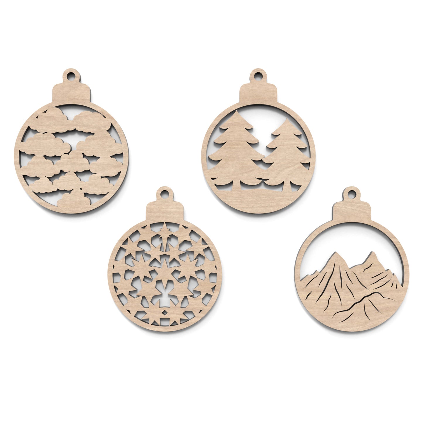Set of 4 Christmas tree bauble decorations made from laser cutting files, available for digital download. Features 4 distinct front designs and 4 back designs, allowing for 16 layered combinations or 8 unique individual ornaments.