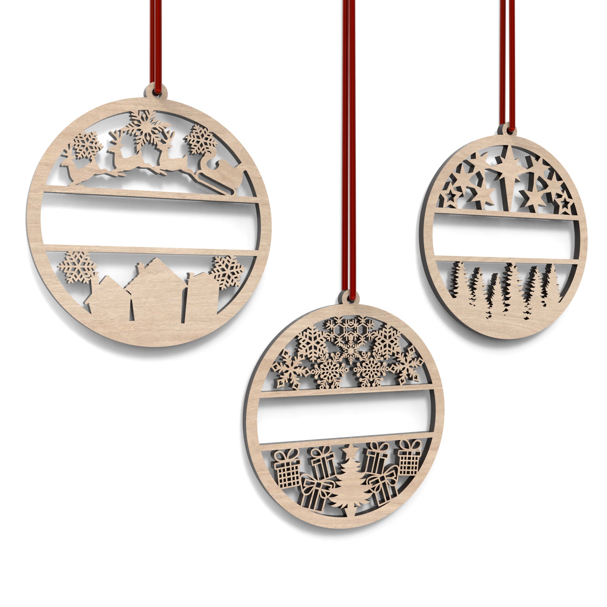 Set of 3 personalized Christmas bauble ornaments made from our laser cutting files and available for digital download. Includes 3 detailed baubles with a hollow middle section for names to be cut out.