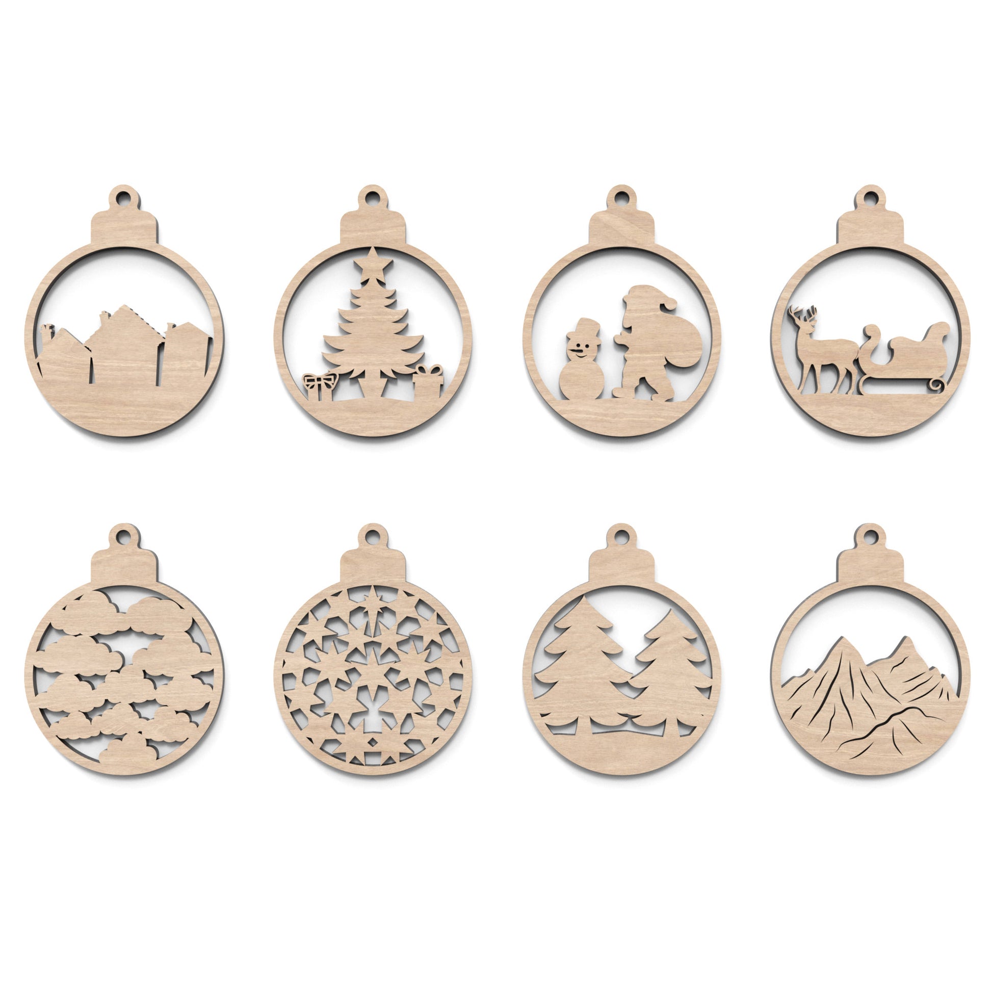 Set of 8 Christmas tree bauble decorations made from laser cutting files, available for digital download. Features 4 distinct front designs and 4 back designs, allowing for 16 layered combinations or 8 unique individual ornaments.