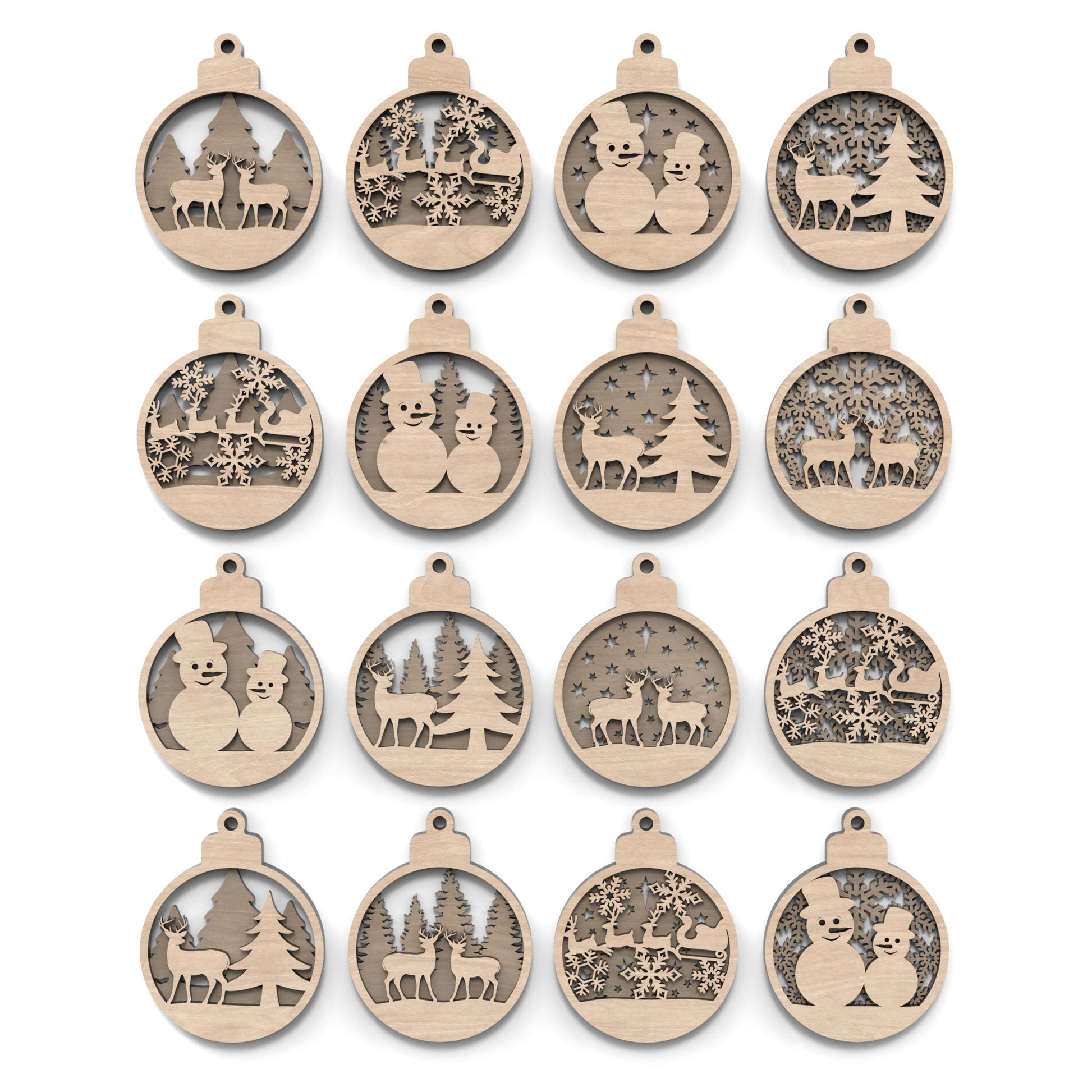 Set of 8 Christmas tree bauble decorations made from our laser cutting files and available for digital download. Features 4 distinct front designs and 4 back designs, allowing for 16 layered combinations or 8 unique individual ornaments.