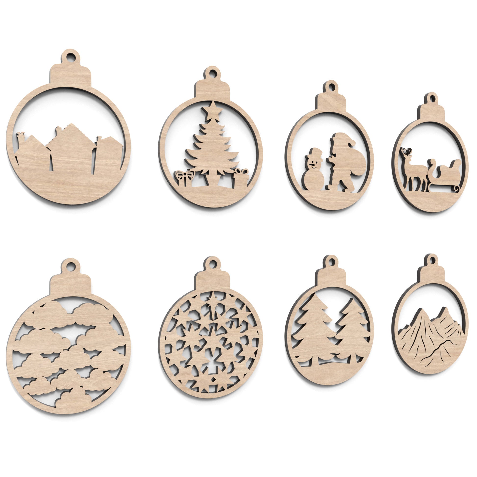 Set of 8 Christmas tree bauble decorations made from laser cutting files, available for digital download. Features 4 distinct front designs and 4 back designs, allowing for 16 layered combinations or 8 unique individual ornaments.