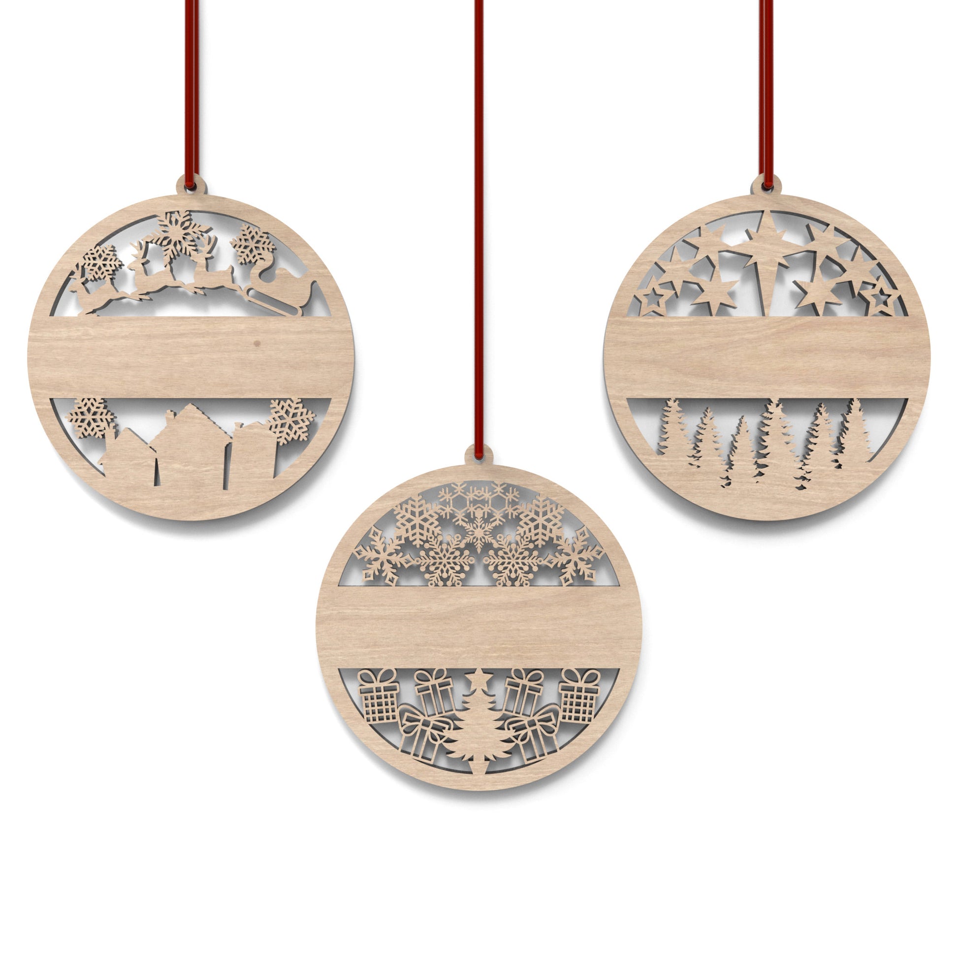 Set of 3 personalized Christmas bauble ornaments made from our laser cutting files and available for digital download. Includes 3 detailed baubles with a solid middle section for names or messages to be laser engraved.