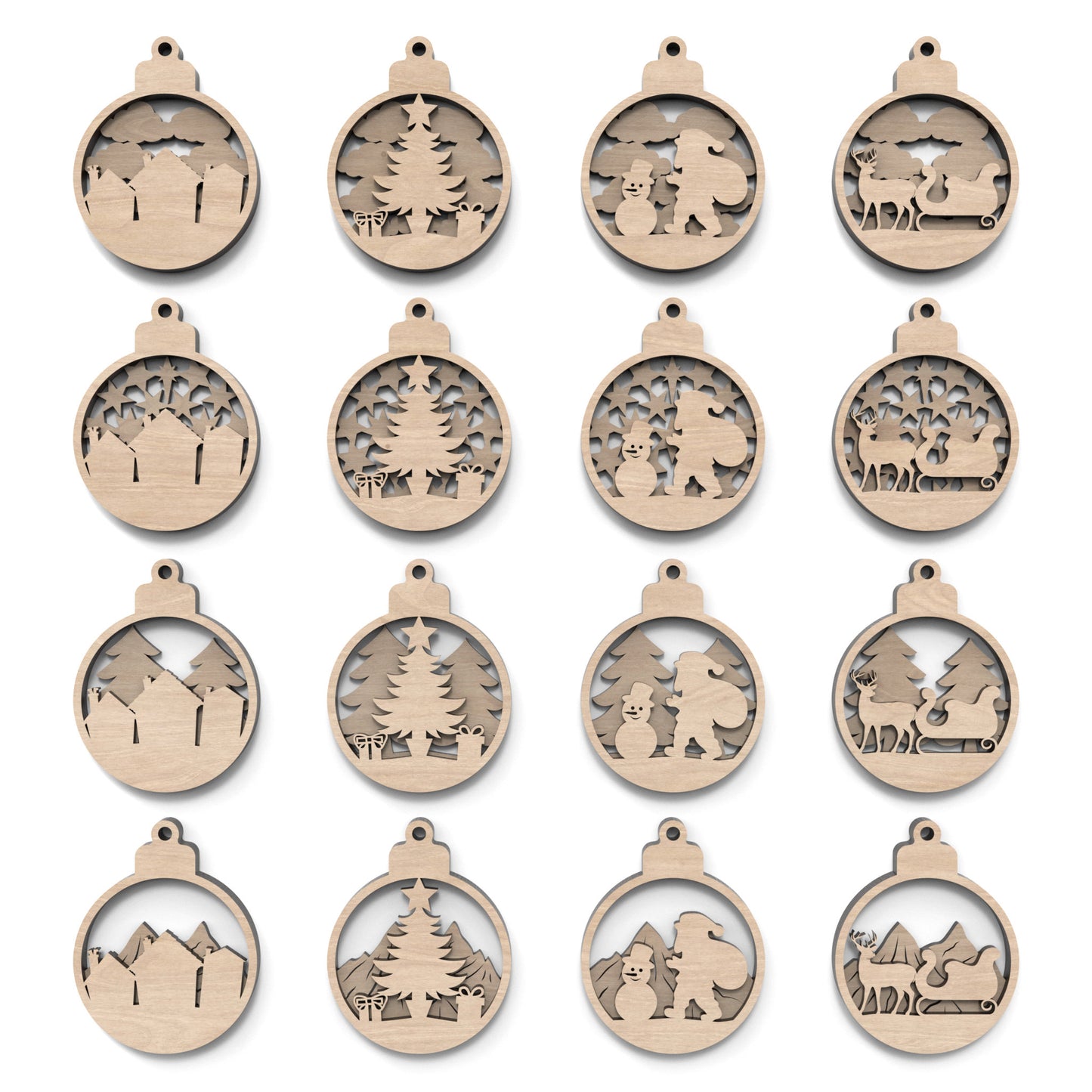 Set of 8 Christmas tree bauble decorations made from laser cutting files, available for digital download. Features 4 distinct front designs and 4 back designs, allowing for 16 layered combinations or 8 unique individual ornaments.