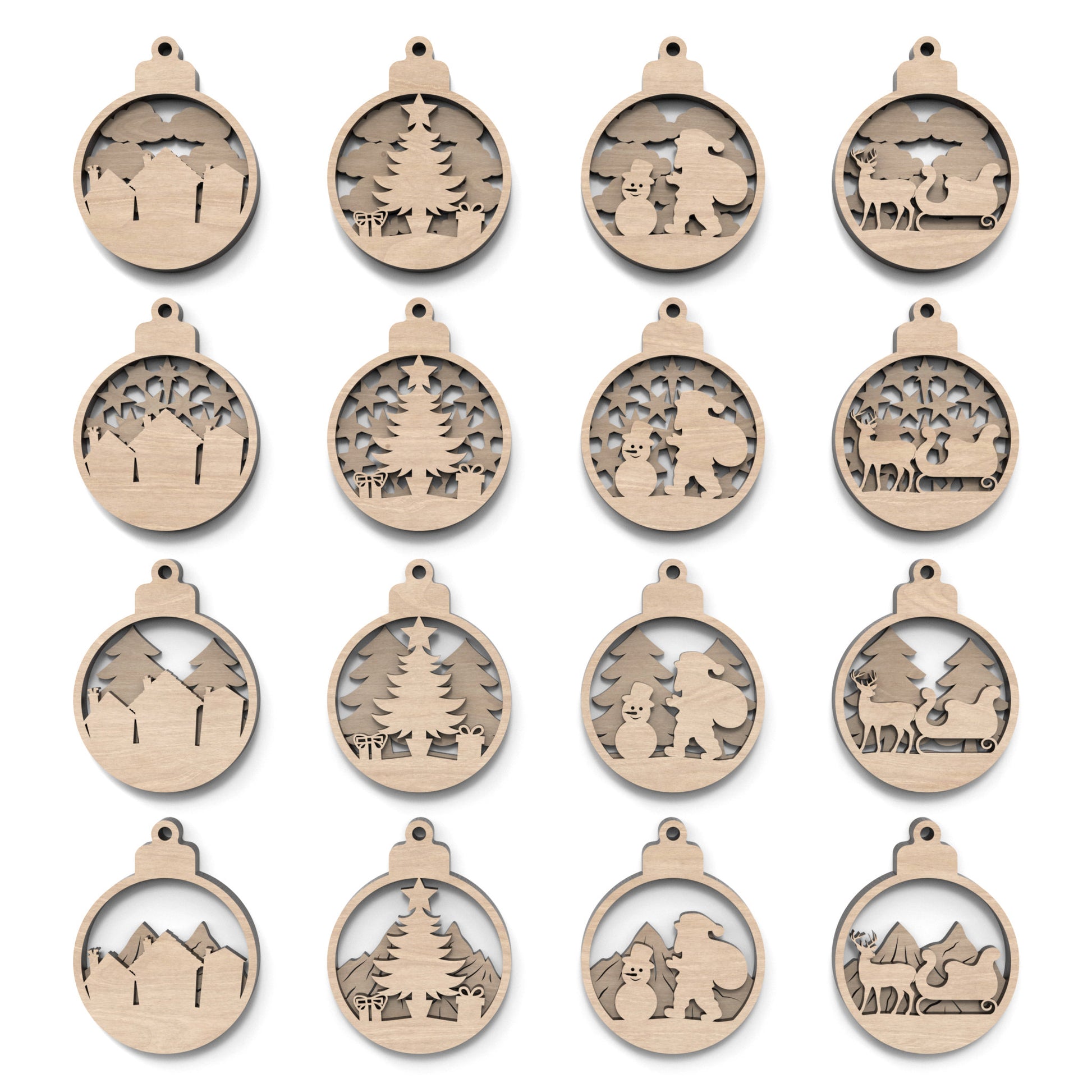 Set of 8 Christmas tree bauble decorations made from laser cutting files, available for digital download. Features 4 distinct front designs and 4 back designs, allowing for 16 layered combinations or 8 unique individual ornaments.