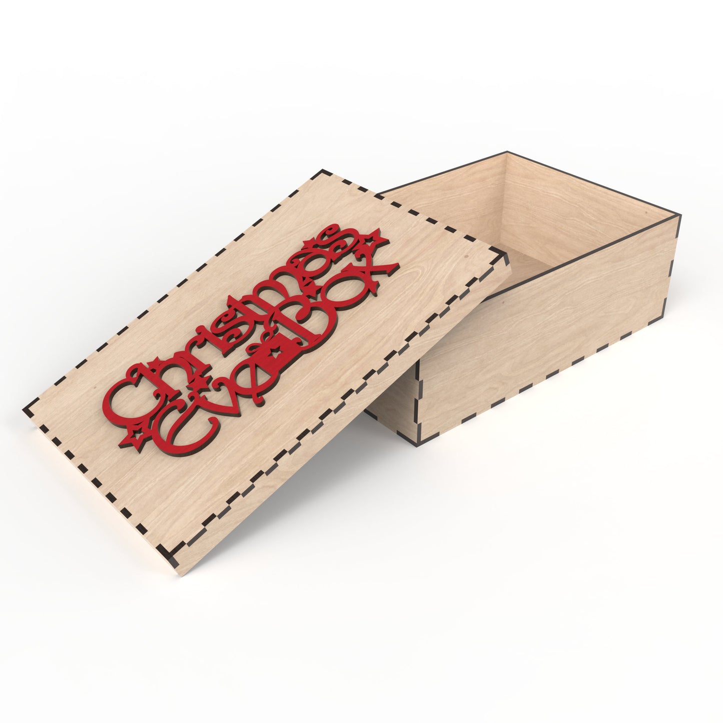 A Christmas Eve box made from our laser cutting files and available for digital download. The box measures approximately 30cm L x 20cm W x 10cm D. Perfect for elevating holiday traditions.