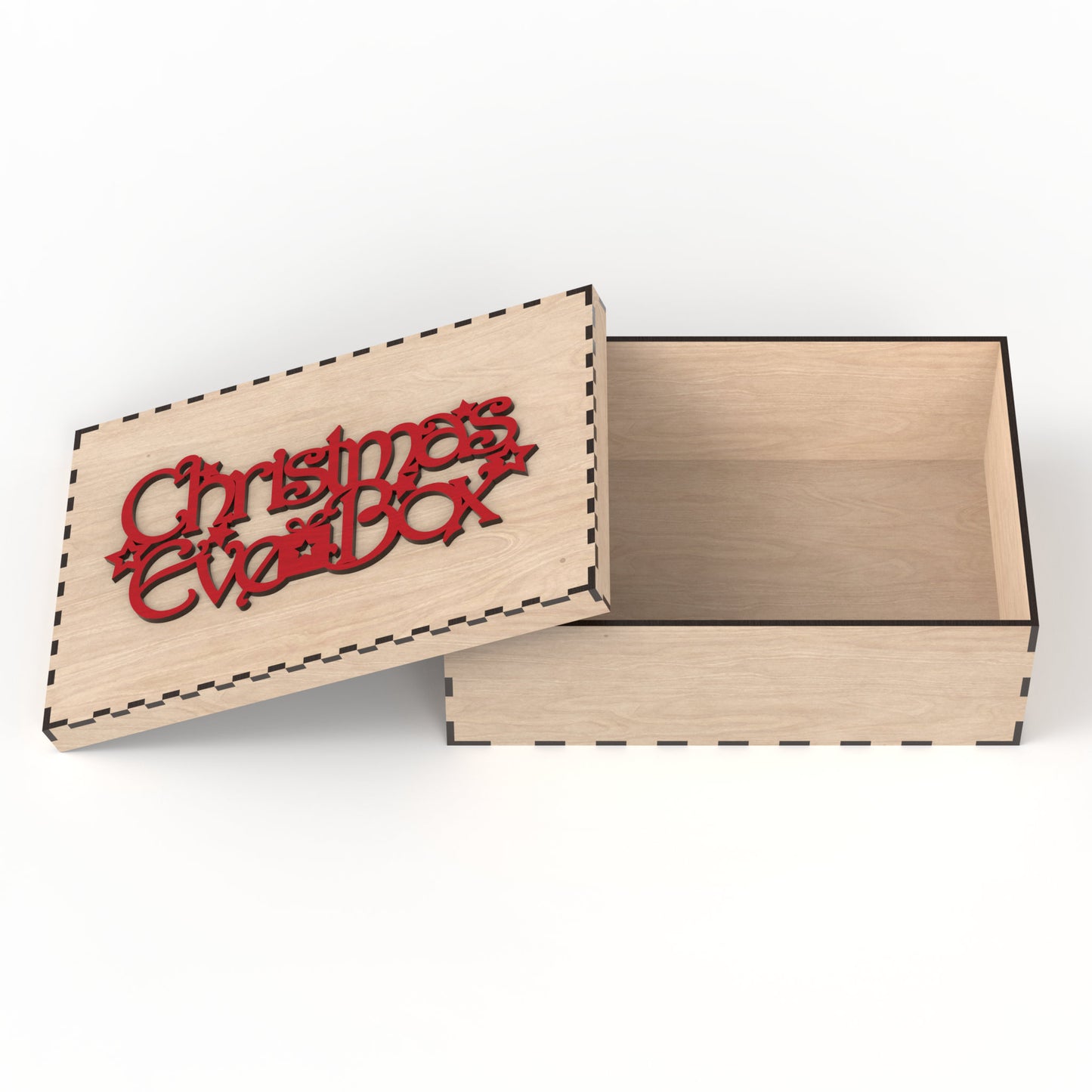 A Christmas Eve box made from our laser cutting files and available for digital download. The box measures approximately 30cm L x 20cm W x 10cm D. Perfect for elevating holiday traditions.