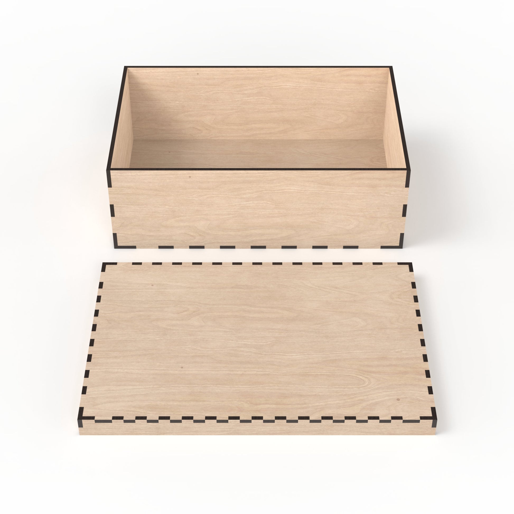 An open wooden box made from our laser cutting files and available for digital download. The box measures approximately 30cm L x 20cm W x 10cm D. Perfect for elevating holiday traditions and preserving memories in style.