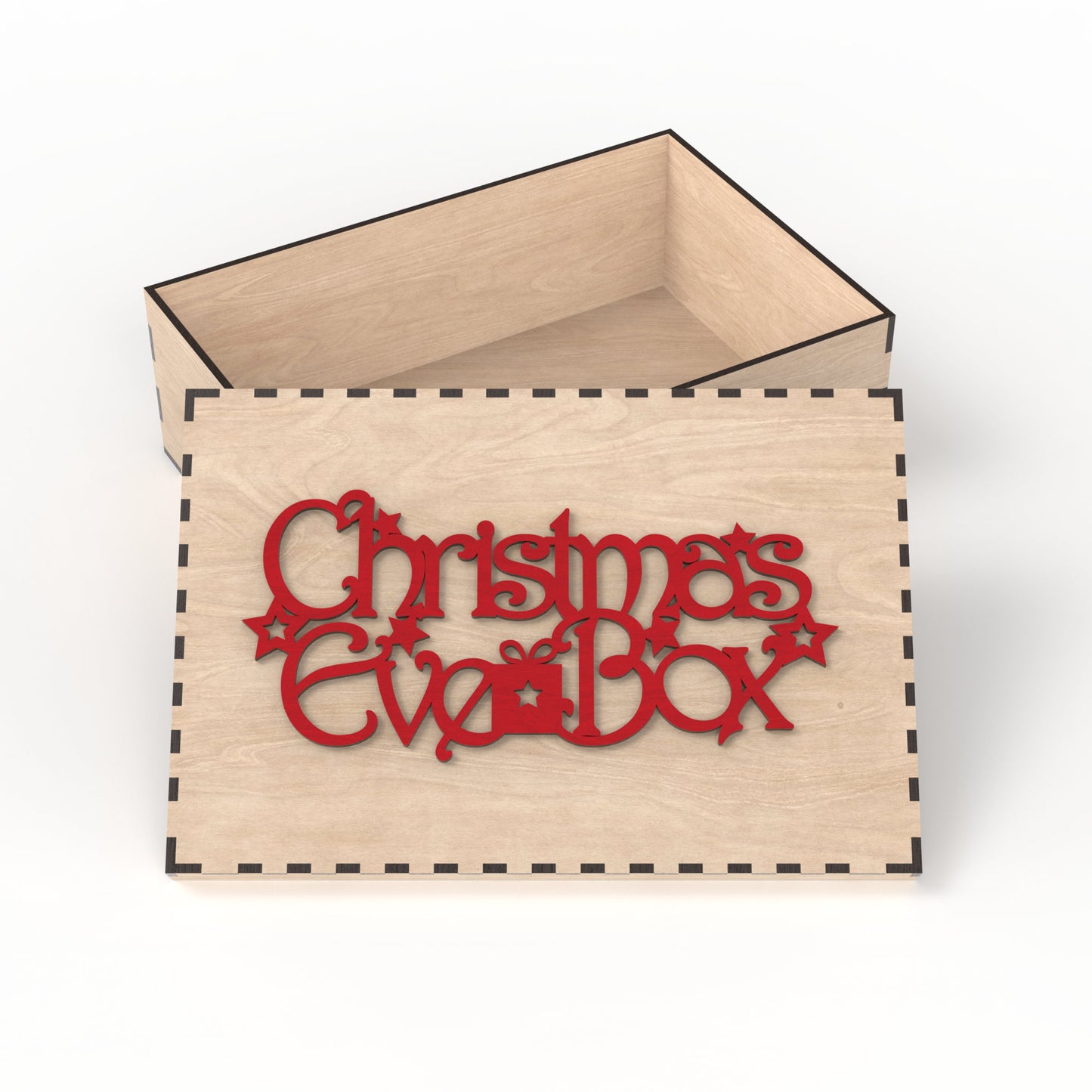 A Christmas Eve box made from our laser cutting files and available for digital download. The box measures approximately 30cm L x 20cm W x 10cm D. Perfect for elevating holiday traditions.