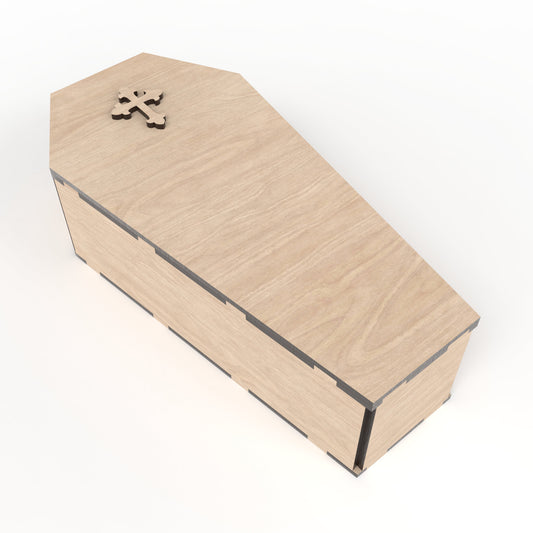 Coffin Box Kit made from our laser cutting files and available for digital download. Measures approximately 30cm in length, 14.5cm in width, and 8cm in depth. Suitable for various uses, including a coffin ring box, stash box, or memory box.