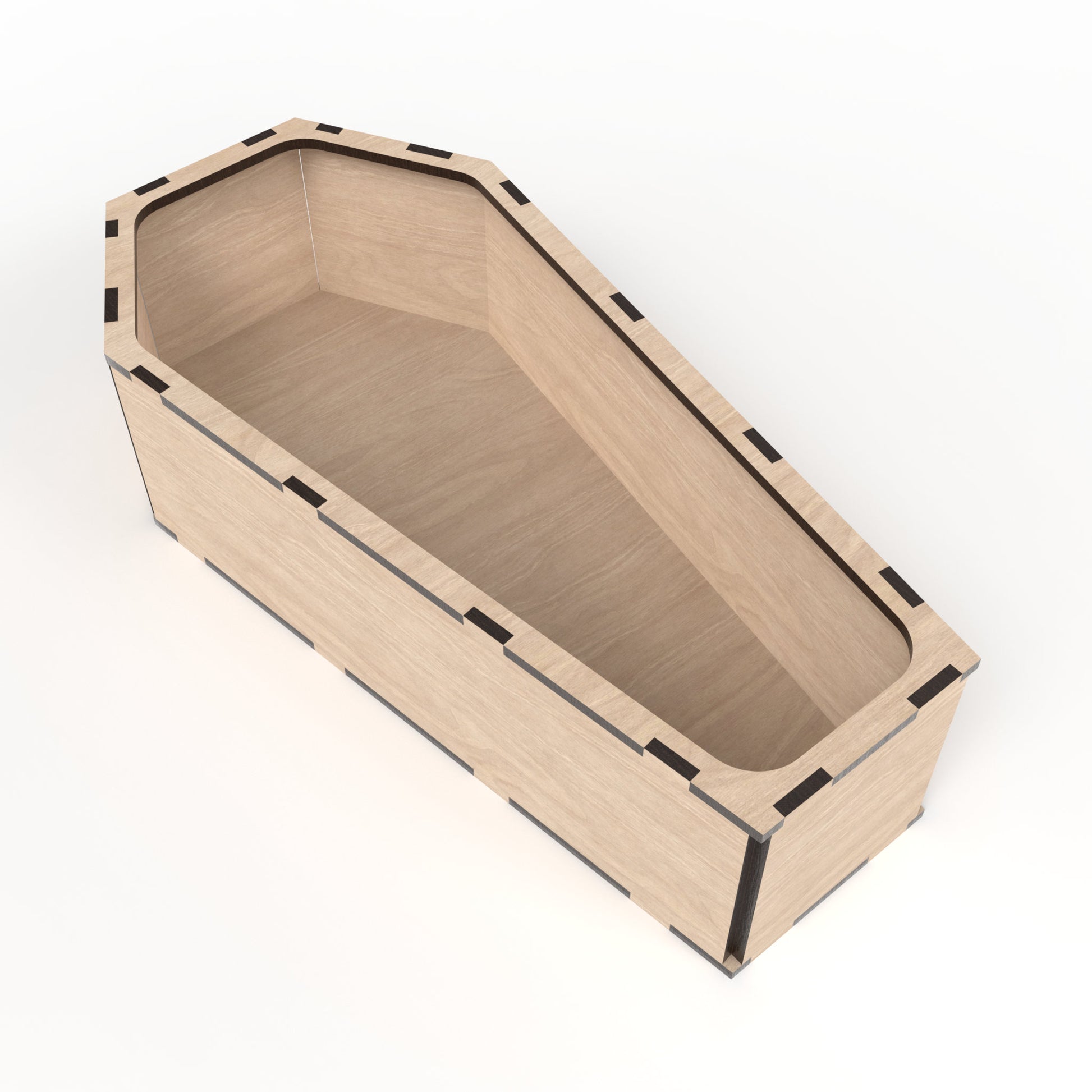 An open Coffin Box Kit made from our laser cutting files and available for digital download. Measures approximately 30cm in length, 14.5cm in width, and 8cm in depth. Suitable for various uses, including a coffin ring box, stash box, or memory box.