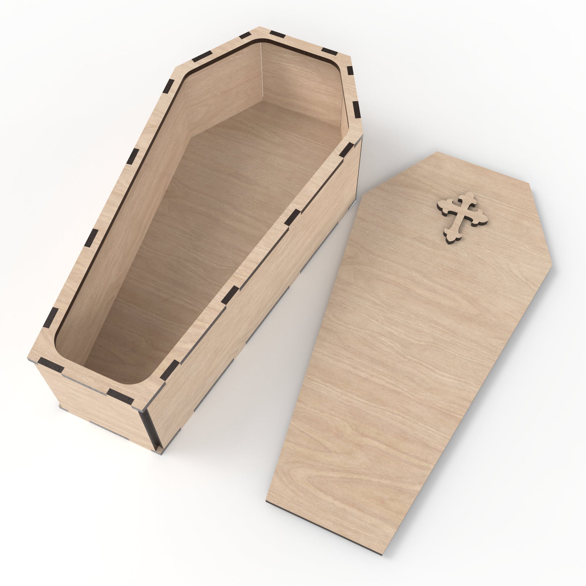 Coffin Box Kit with lid removed made from our laser cutting files and available for digital download. Measures approximately 30cm in length, 14.5cm in width, and 8cm in depth. Suitable for various uses, including a coffin ring box, stash box, or memory box.