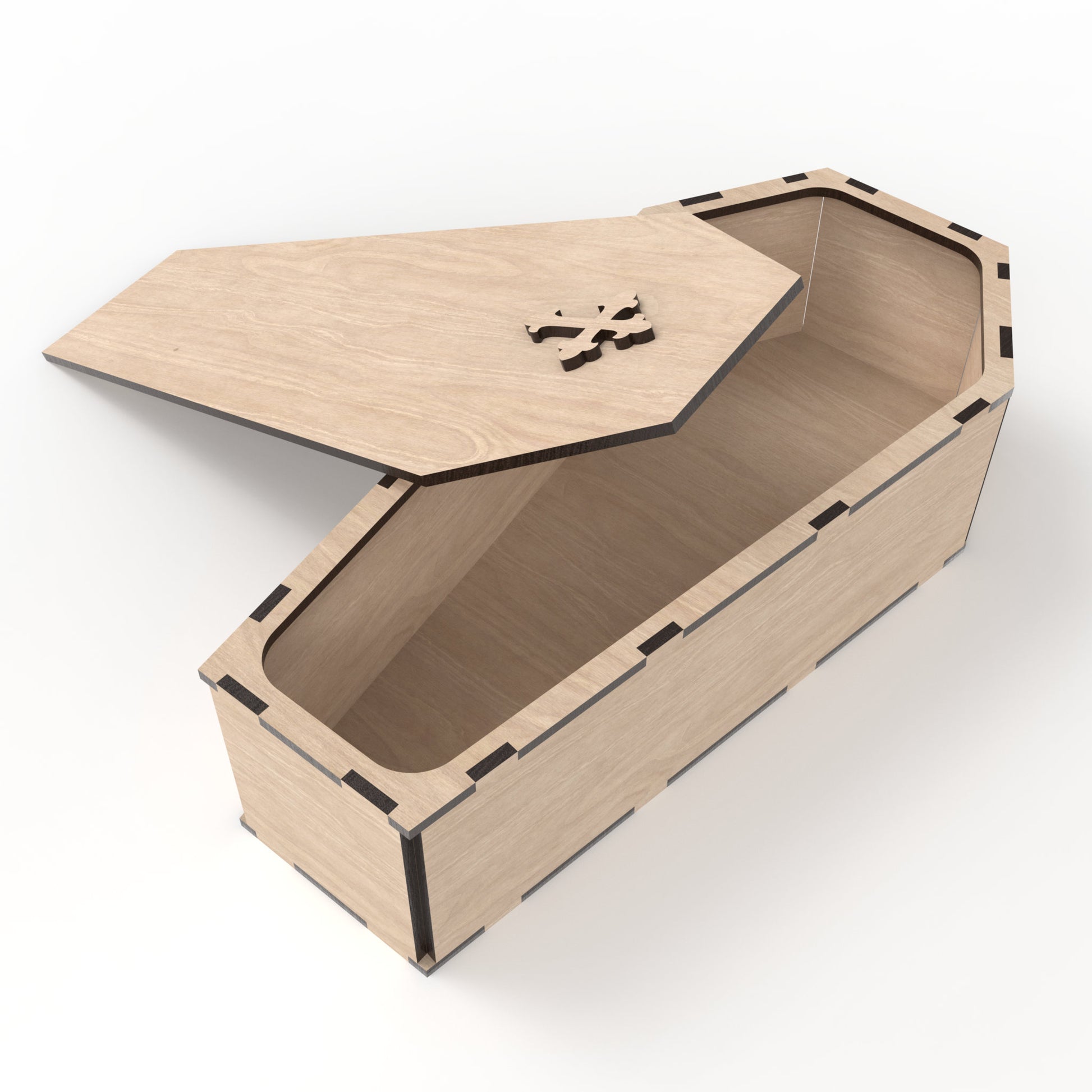 Coffin Box Kit with the lid removed made from our laser cutting files and available for digital download. Measures approximately 30cm in length, 14.5cm in width, and 8cm in depth. Suitable for various uses, including a coffin ring box, stash box, or memory box.