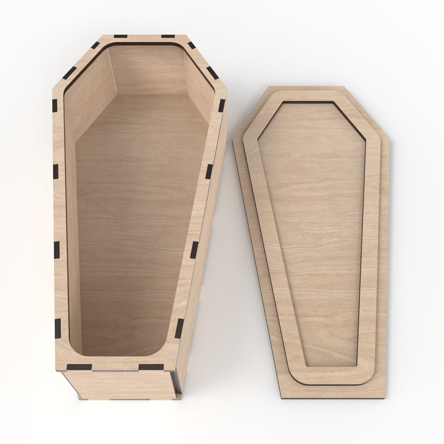 Coffin Box Kit made from our laser cutting files and available for digital download. Measures approximately 30cm in length, 14.5cm in width, and 8cm in depth. Suitable for various uses, including a coffin ring box, stash box, or memory box.